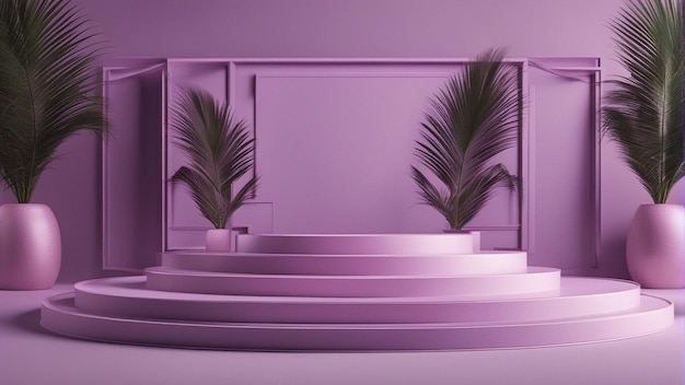 Pódio violeta claro abstrato com moldura e fundo de folha de palmeira renderização 3d