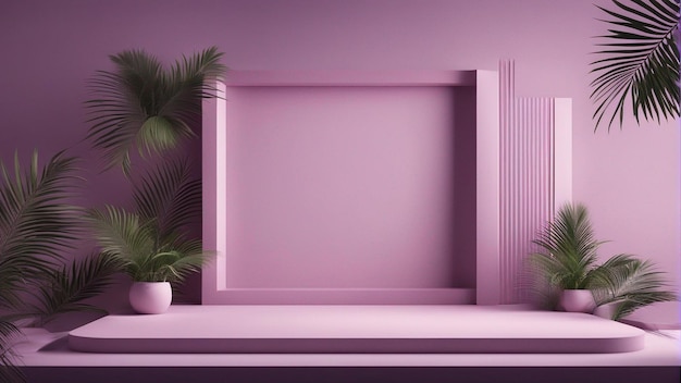 Pódio violeta claro abstrato com moldura e fundo de folha de palmeira renderização 3d