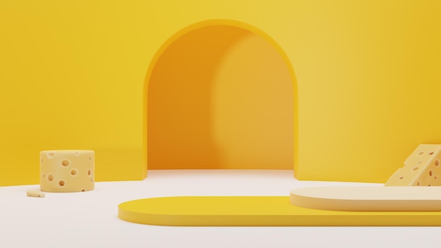 Podio de visualización de productos de representación 3D sobre fondo amarillo con quesos