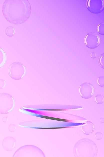 Podio volador para producto sobre fondo púrpura entre burbujas de jabón representación 3d