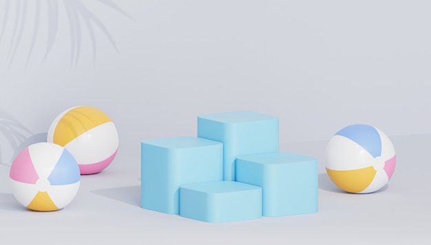 Podios azules o pedestales para productos o publicidad sobre fondo tropical con pelotas de playa, render 3d