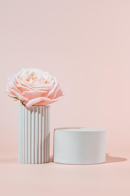 Foto podios blancos vacíos sobre fondo rosa con podio de yeso con flores en flor de rosas para la presentación