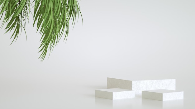 Podios cuadrados de piedra sobre un fondo blanco con hojas verdes para productos publicitarios 3D