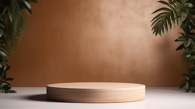 Pódios de exibição de produtos de madeira vazios realistas com fundo minimalista moderno de folhagem e plantas