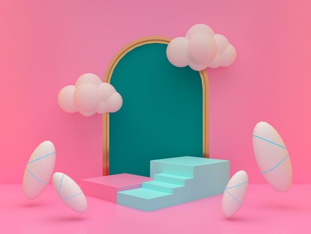 Podios escalonados con nubes flotantes y pelotas de rugby con arco verde sobre fondo rosa Pedestal para presentación de productos para niños Render 3D geométrico