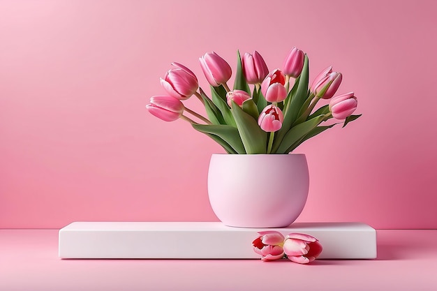 Podios y hermosos tulipanes sobre un fondo rosa con espacio para el texto