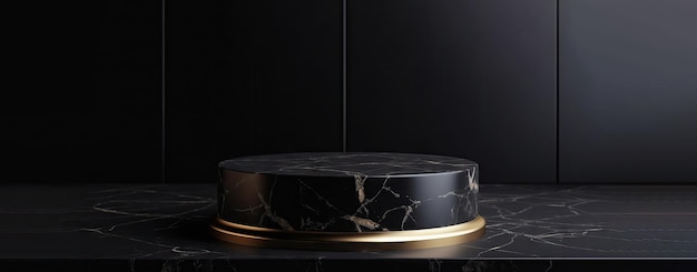 Podios de mármol negro con marcos dorados sobre fondo negro Pedestal geométrico de mármol de lujo para la presentación del producto Composición de representación 3d