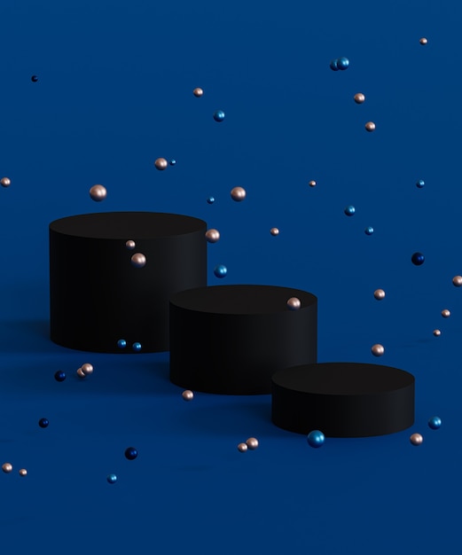 Podios o pedestales negros para exhibición de productos o publicidad con esferas brillantes sobre fondo azul, renderizado mínimo 3d