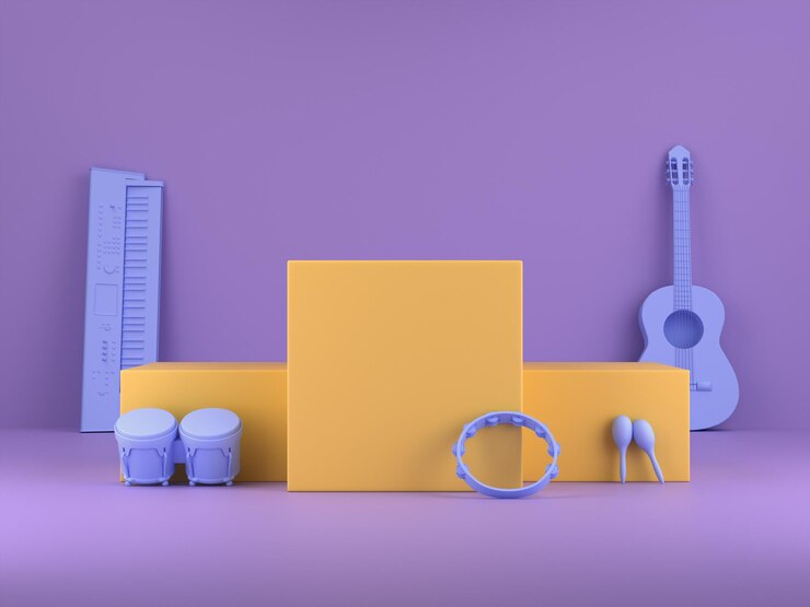 Foto pódios para exposição de produtos com renderização 3d colorida de instrumento musical