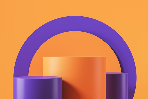 Foto podios púrpura y naranja para exposiciones o publicidad de productos abstracción mock up renderización 3d