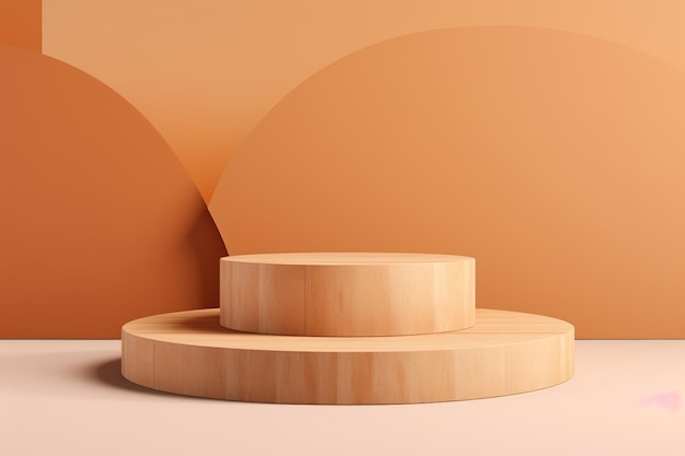 Podios redondos de pedestal de madera sobre un fondo de melocotón escena mínima para la presentación de la exhibición de productos