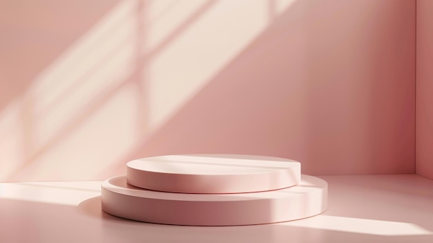 Podios rosados suaves bañados en luz y sombra naturales que crean un espacio de presentación sereno