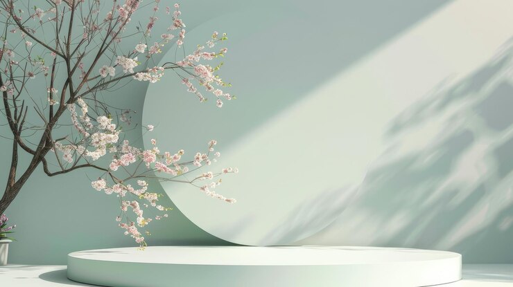 Podium 3D cilíndrico con un árbol de verano o primavera en flor en un estilo minimalista Pedestal para prese