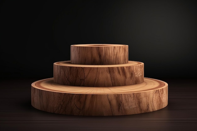 Podium 3D de madera de ceniza para la plataforma de productos pálidos en renderización 3D