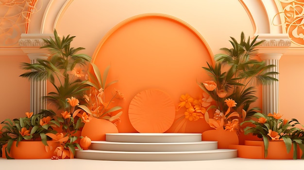 Podium 3D-Render in orangefarbener Farbe und Zierpflanzen links und rechts