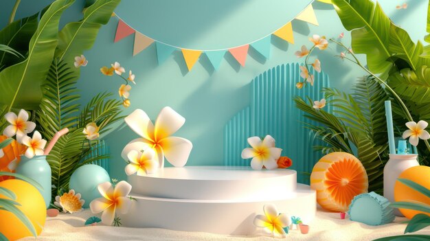 Podium 3D Renderizado Vitrina de Verano con Elegancia Floral para la Promoción del Día de Songkran