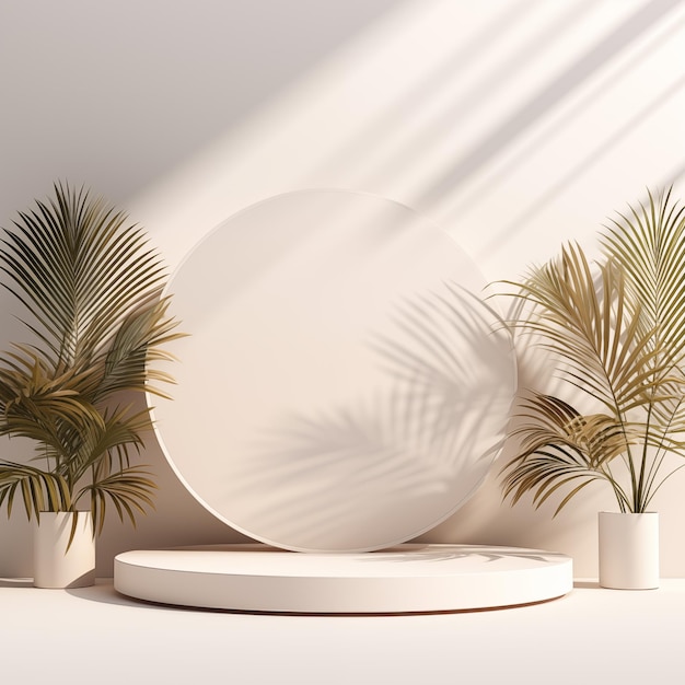 Podium abstracto de moda pedestal blanco con sombra de hoja de palma sobre fondo natural de color pastel rojo