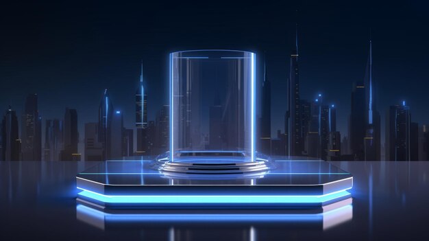 Podium de acrílico elegante de ciencia ficción paisaje urbano futurista