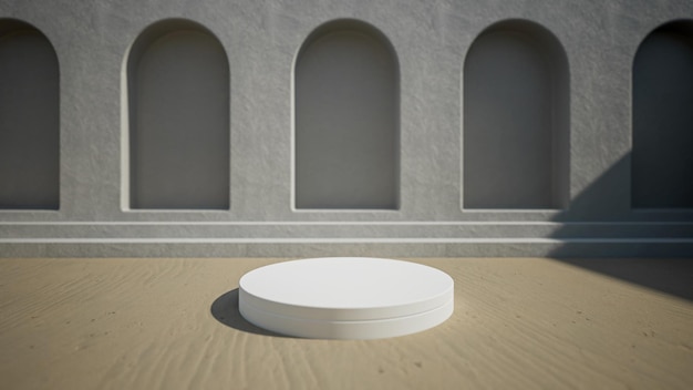 Podium am Sandstrand für die 3D-Darstellung der Produktplatzierung
