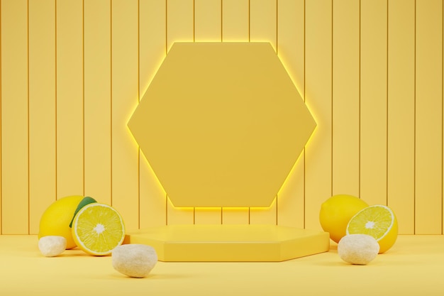 Podium auf dem Boden Gelbe Zitrone in der 3D-Darstellung des Bildes platziert