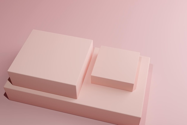 Podium aus drei quadratischen 3D-Pastellformen unterschiedlicher Größe vor rosafarbenem Hintergrund