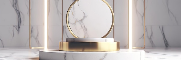 Podium aus weißem Marmor mit Goldeinlagen auf dem Hintergrund für die Produktpräsentation. 3D-Komposition. Generieren Sie KI