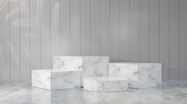 Podium aus weißem Marmor, quadratische Form, luxuriöser Stil, Bühnenschaufenster für Konzeptszenen Plattformen für Produktpräsentation, Holzhintergrund, Komposition, Design, Kopierraum, Verkaufsförderung, 3D-Rendering