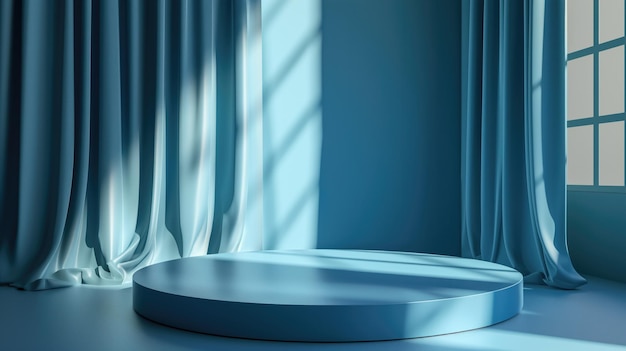 Podium azul mínimo vacío con cortinas para la exhibición de productos