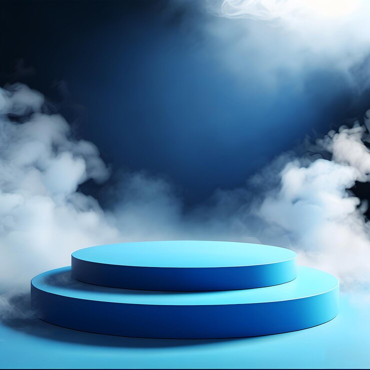 Podium azul en niveles con humo suave en 3D