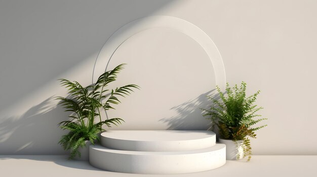 Podium blanco con arco detrás en la pared con textura cubierta con luz solar de sombra y planta