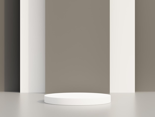 Podium blanco cilíndrico pedestal moderno soporte de producto en fondo beige renderización 3D