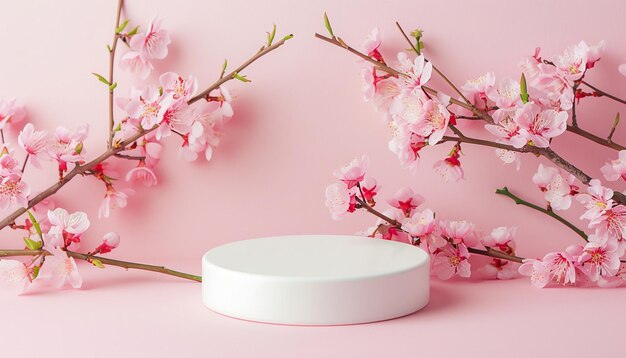 Podium blanco para la exhibición de productos con flores rosadas