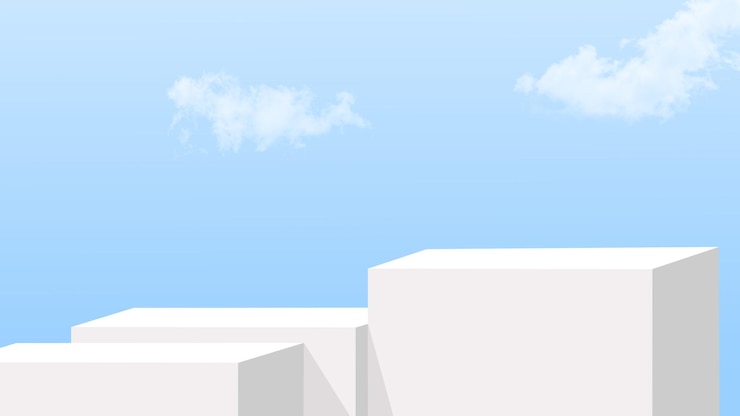 Foto podium blanco para exhibición de productos y publicidad horizontal en cielo azul con nube blanca soporte de exhibición de modelos 3d para presentación de productos para la venta fondo del cielo escena naturaleza cielo con pared de edificio