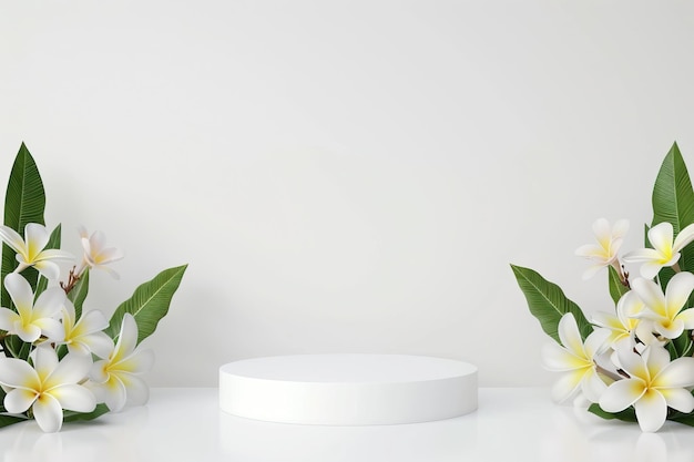 Podium blanco minimalista adornado con flores de frangipani
