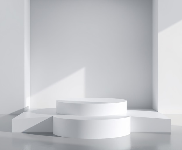 Podium blanco minimalista con sombra sobre un fondo blanco