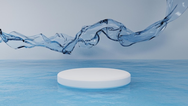 pódium blanco mínimo con cinta ondulada de vidrio transparente en el agua Maqueta de plataforma moderna para el producto
