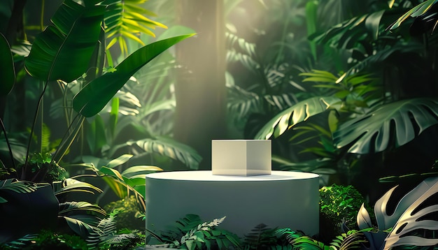 Podium blanco tropical o escenario y naturaleza hojas verdes jungla escenario de producto de podio blanco