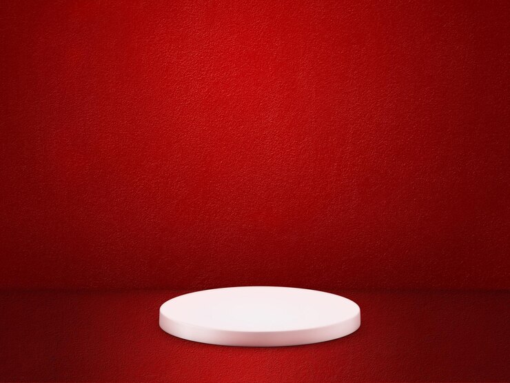 Podium blanco vacío sobre fondo rojo Mock up stand para presentación de productos Rendering 3D