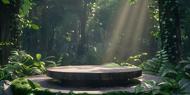 Podium en el bosque para la presentación de productos y fondo verde Ai Generado