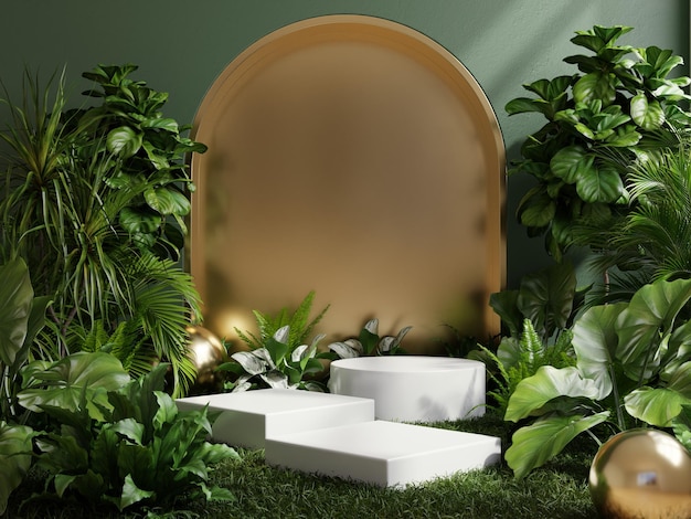 Podium en bosque tropical para la presentación de productos y fondo verde