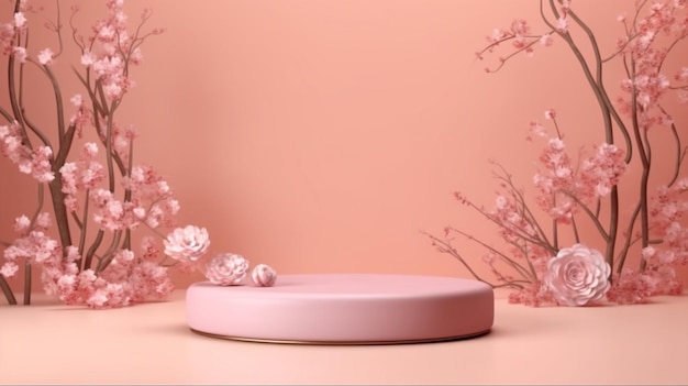 Podium branco rosa com flor em fundo rosa palco de apresentação de produtos