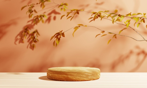 Podium Bühnenplattform aus Holz mit rundem Zylinder und Herbstbaum auf orangefarbenem Hintergrund Wiedergabe von 3D-Illustrationen für Natur- und Saisonkonzepte