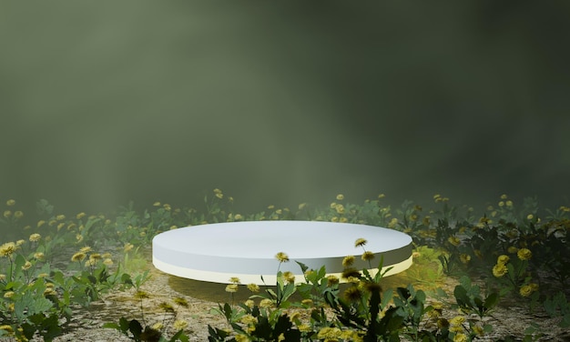 Podium en un campo de flores amarillas con niebla y entorno verde