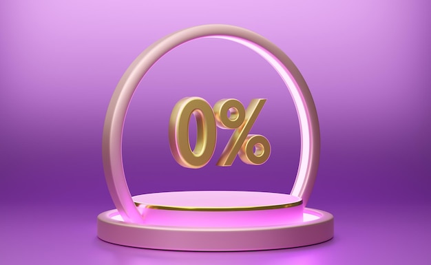 Podium con cero por ciento en composición púrpura o violeta para exhibición en el escenario moderno y maqueta minimalista fondo de vitrina abstracto Concepto Cálculo de costo Ilustración 3D o renderización 3D