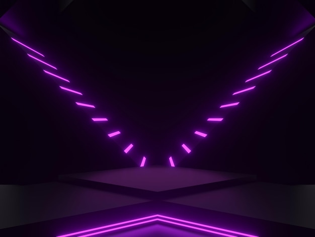 Podium científico en 3D con luces de neón púrpura y fondo oscuro