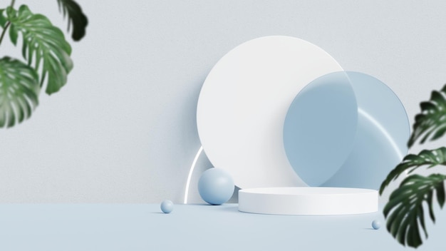 Podium de cilindro blanco para la exhibición de productos en fondo azul claro renderización 3D