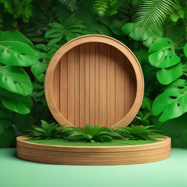 Podium de círculo de madera en un bosque tropical para la presentación de productos y representación 3D de fondo verde
