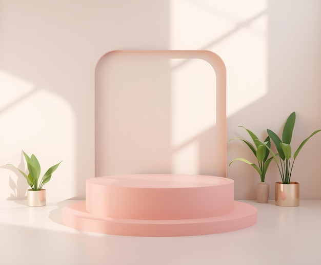 Podium de color rosa pastel con plantas sobre un fondo blanco