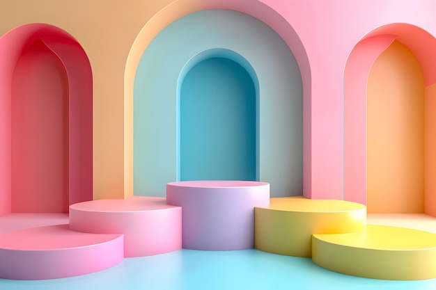 Podium colorido de pastel com arcos Um palco vibrante para apresentação de produtos