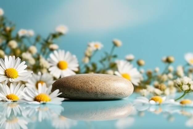 Podium cosmético de piedra de guijarros con flores de manzanilla sobre un fondo turquesa brillante